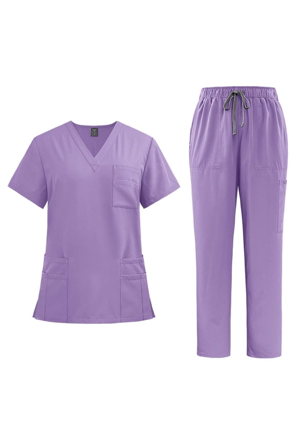 2 Piece Sets for Women V-Neck Short Sleeve Top and Pocket Jogger Pants Athletic Nursing Stretch Workwear Purple XL