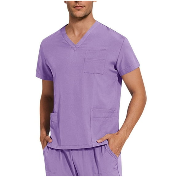 Ecqkame Scrub Tops for Men V-Neck Short Sleeved Solid Color Caregiver Shirts with Pockets Lightweight Nurse Uniform Tops Purple L