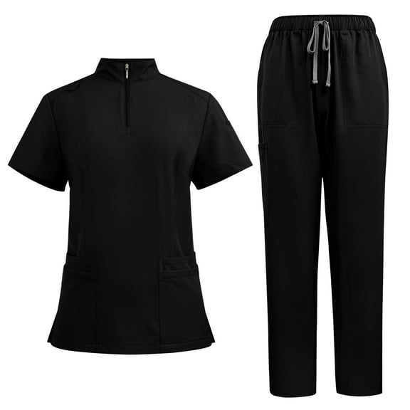 Ecqkame Scrub for Women Sets Solid V-Neck Short Sleeve Tops and Long Pants Nurse's Workwear Lightweight Suits with Pockets Black L