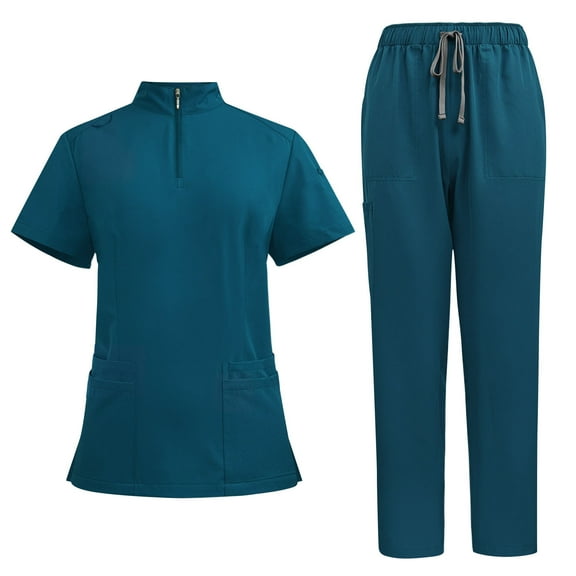 Ecqkame Scrub for Women Sets Solid V-Neck Short Sleeve Tops and Long Pants Nurse's Workwear Lightweight Suits with Pockets Blue XXL
