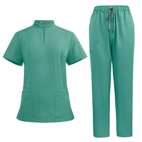 Ecqkame Scrub for Women Sets Solid V-Neck Short Sleeve Tops and Long Pants Nurse's Workwear Lightweight Suits with Pockets Mint Green M