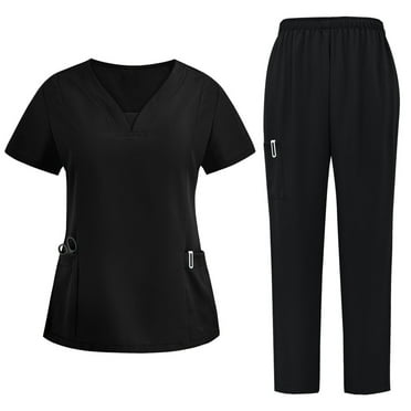 Ecqkame Scrub for Women Set Solid V-Neck Short Sleeve Tops and Long Pant Nurse'S Workwear Suit with Pocket 02-Black S on Clearance