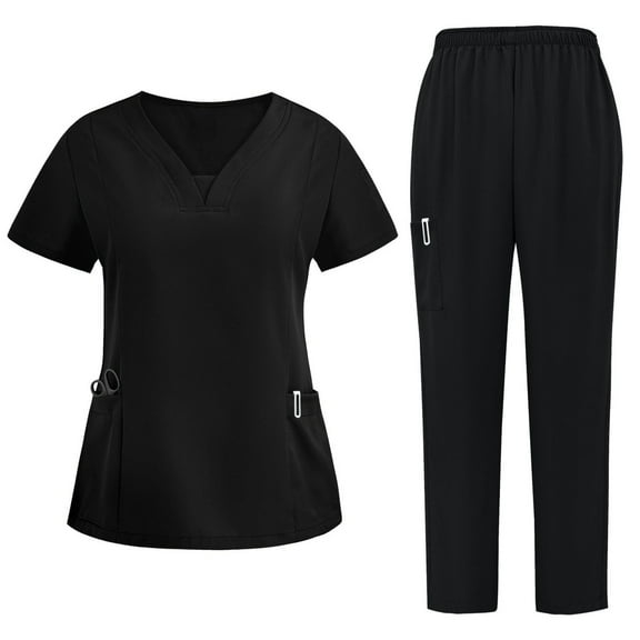 Ecqkame Scrub for Women Set Solid V-Neck Short Sleeve Tops and Long Pant Nurse'S Workwear Suit with Pocket 02-Black S on Clearance