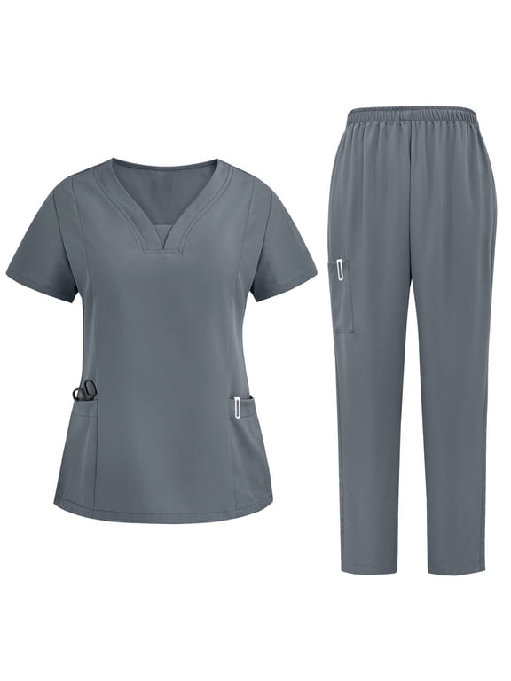 Scrub for Women Sets Solid V-Neck Short Sleeve Tops and Long Pants Nurse's Workwear Lightweight Suits with Pockets Dark Gray S