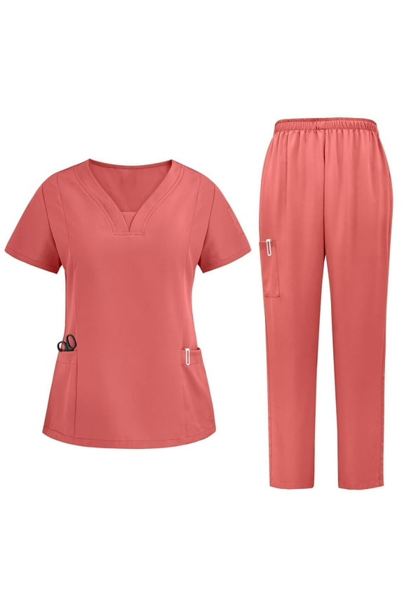 Scrub for Women Sets Solid V-Neck Short Sleeve Tops and Long Pants Nurse's Workwear Lightweight Suits with Pockets Orange XXL