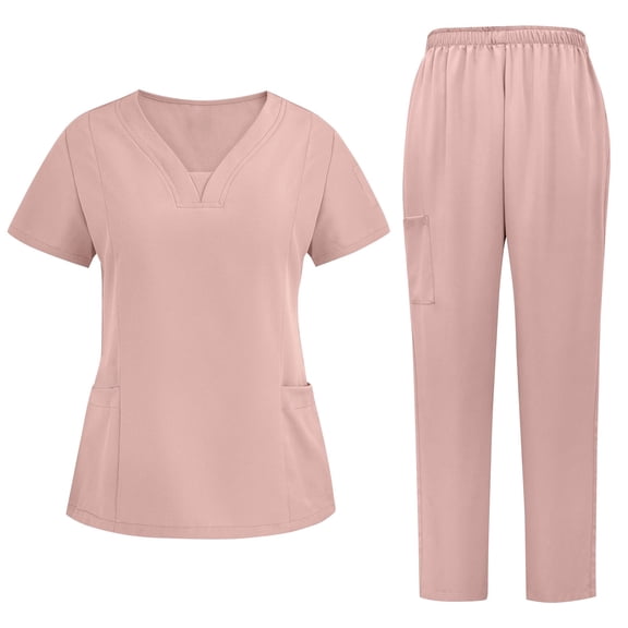Ecqkame Scrub for Women Sets Solid V-Neck Short Sleeve Tops and Long Pants Nurse's Workwear Lightweight Suits with Pockets Pink XL