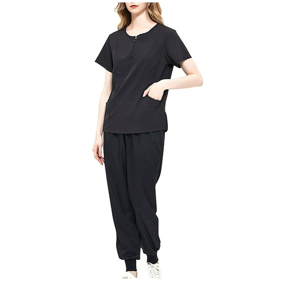 Ecqkame Scrub for Women Set Two Piece Uniform 1/4 Zip Up Crew Neck Top and Loose Jogger Pants Sets Black S