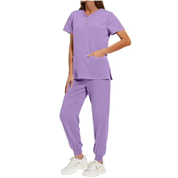 Ecqkame Scrub for Women Sets Solid V-Neck Short Sleeve Tops and Long Pants Nurse's Workwear Lightweight Side Slit Suits with Pockets Purple M