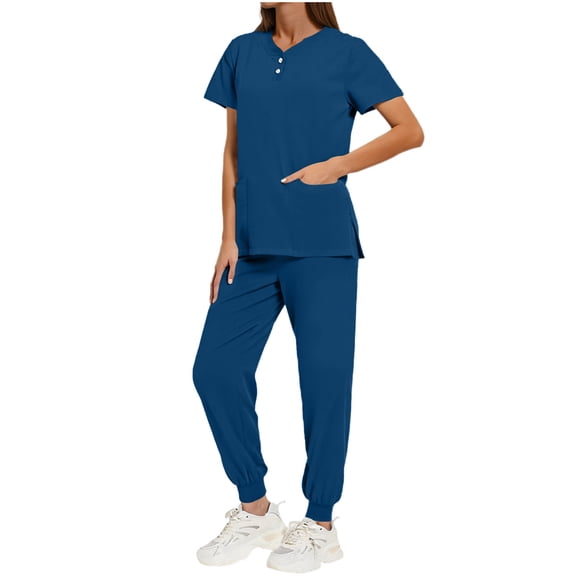 Ecqkame Scrub for Women Sets Solid V-Neck Short Sleeve Tops and Long Pants Nurse's Workwear Lightweight Side Slit Suits with Pockets Sky Blue M