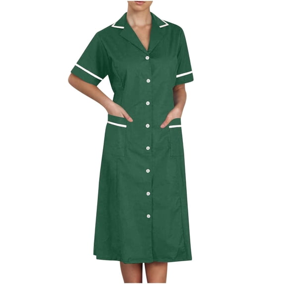 Ecqkame Scrubs Dress for Women Lapel Neck Short Sleeve Button Down Work Dress Solid Color Nursing Uniform Midi Dress with Pockets Green M