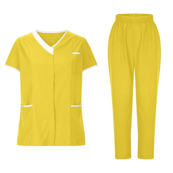 Ecqkame Matching Sets Women Clothing V-Neck Short Sleeve Top and Straight-Leg Pants Nursing Uniform Set Yellow S