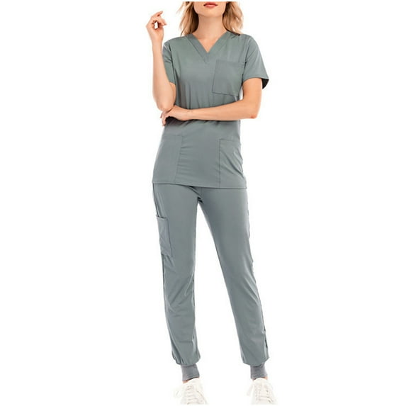 Ecqkame Scrubs for Women Solid Color Short Sleeve V-Neck Stretchy Comfortable Multiple Pockets Work Sets Womens Sets Gray M