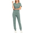 thumbnail image 1 of Ecqkame Scrubs for Women Solid Color Short Sleeve V-Neck Stretchy Comfortable Multiple Pockets Work Sets Womens Sets Green XXL, 1 of 3