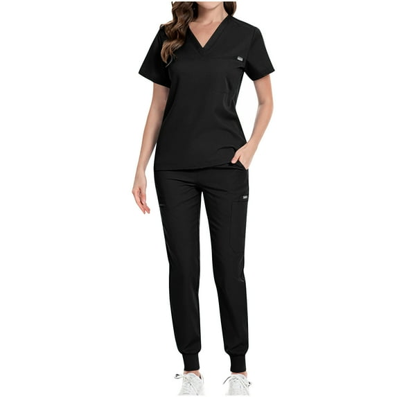 Ecqkame Scrubs for Women Solid Color Short Sleeve V-Neck Stretchy Comfortable Multiple Pockets Work Sets for Women Black B XS