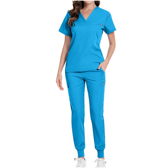 Ecqkame Scrubs for Women Solid Color Short Sleeve V-Neck Stretchy Comfortable Multiple Pockets Work Sets for Women Blue B S
