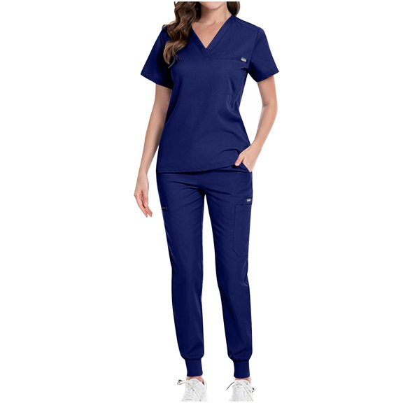 Ecqkame Scrubs for Women Solid Color Short Sleeve V-Neck Stretchy Comfortable Multiple Pockets Work Sets for Women Navy B S