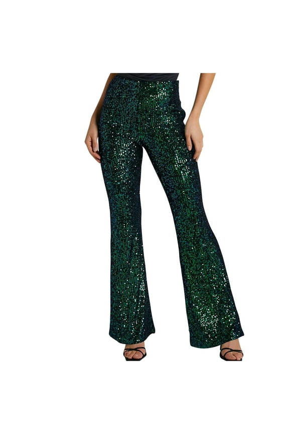 Sequin Pants for Women Fashion Elastic High Waisted Party Trousers Club Night Out Dance Stretch Sparkly Wide Leg Pant Green XXL
