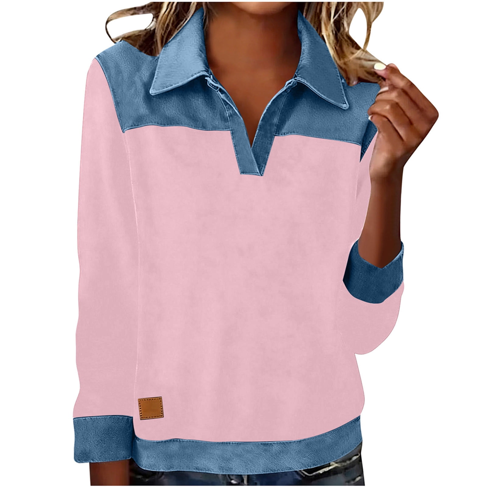 Ecqkame Shirts For Women Fashion Long Sleeve Denim Patchwork Tops Color ...