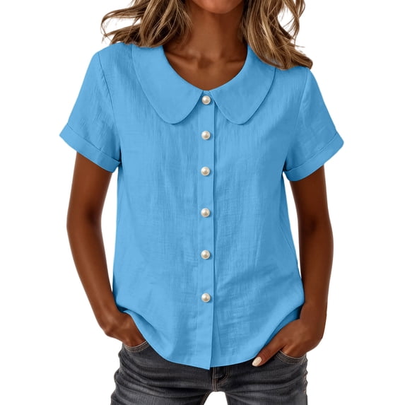Ecqkame Shirts for Women Short Sleeve Peter Pan Collar Cotton Linen Blouse Casual Solid Color Button-Down Summer Tops Light Blue M