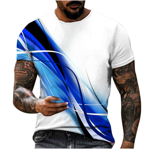 Ecqkame Short Sleeve Casual T-shirts for Men Pattern Printed Round Neck Summer Pullover Undershirt Blue M