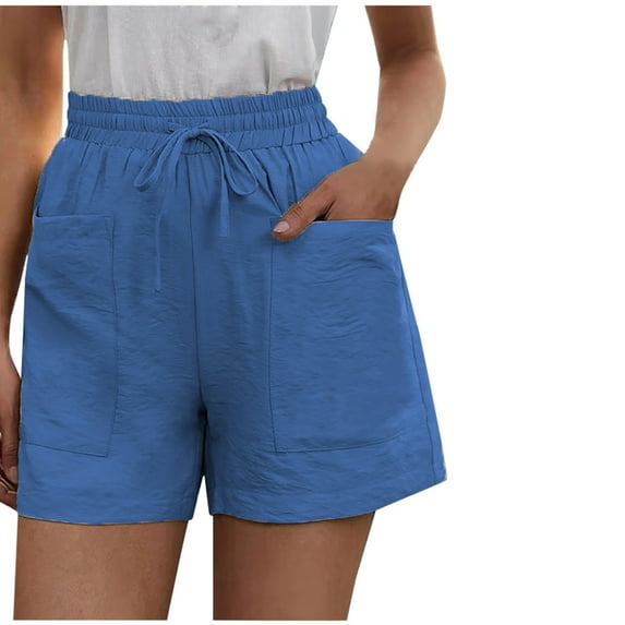 Ecqkame Shorts for Women Clearance Women's Loose Wide Leg Pants High Waist Straight Pants Casual Cotton Linen Shorts Blue XXXL