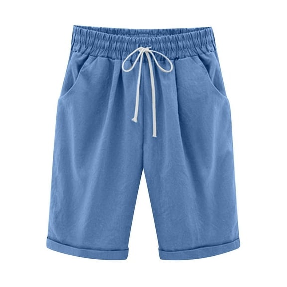 Ecqkame Shorts for Women Women's Summer Solid Five Points Large Size Cotton Linen Pants Casual Pants Blue XL