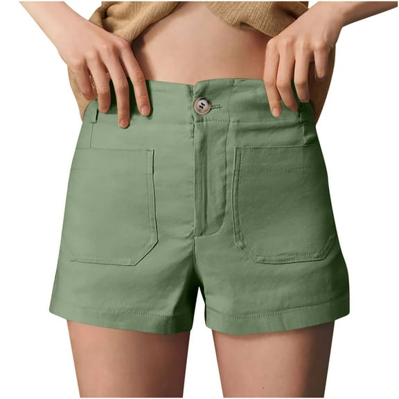 Ecqkame Shorts for Women Summer Dressy Casual High Waisted Work Shorts Elastic Waist Solid Color Button Shorts with Pockets 01-Green 01-01-Green