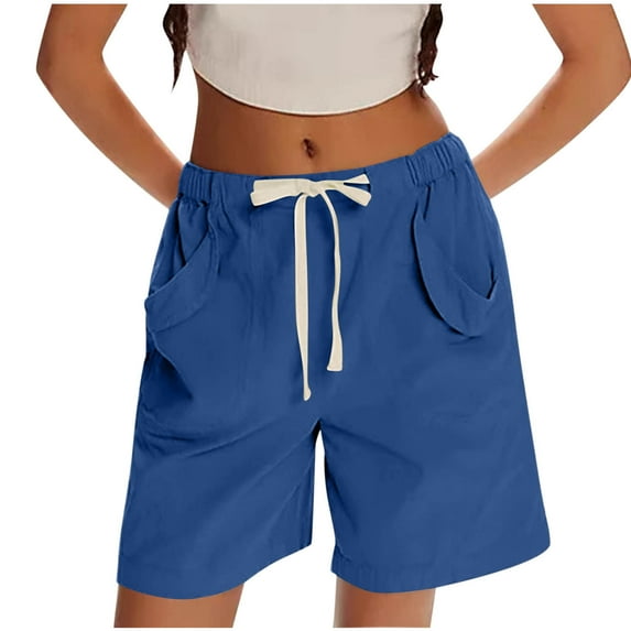 Ecqkame Shorts for Women Summer Dressy Casual High Waisted Work Shorts Elastic Waist Solid Color Drawstring Shorts with Pockets 02-Blue 02-02-Blue