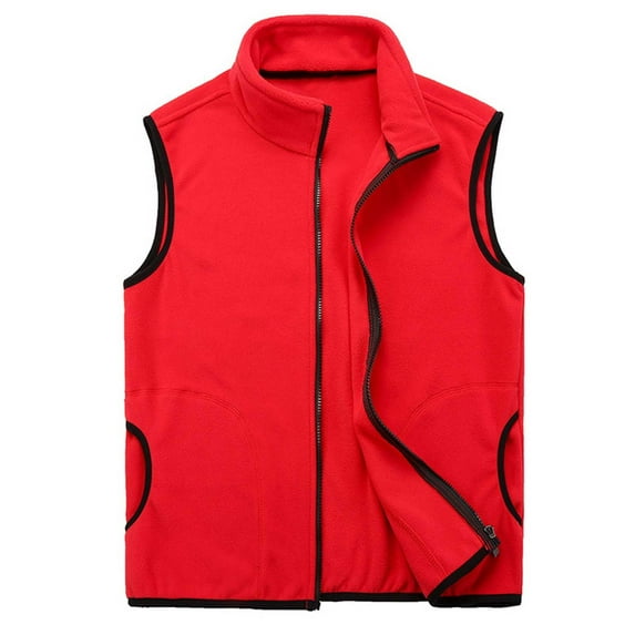 Ecqkame Sleeveless Jackets For Women Fall Warm Fleece Jacket Casual Full Zip Stand Collar Solid Color Coat With Pocket A-Red XXL