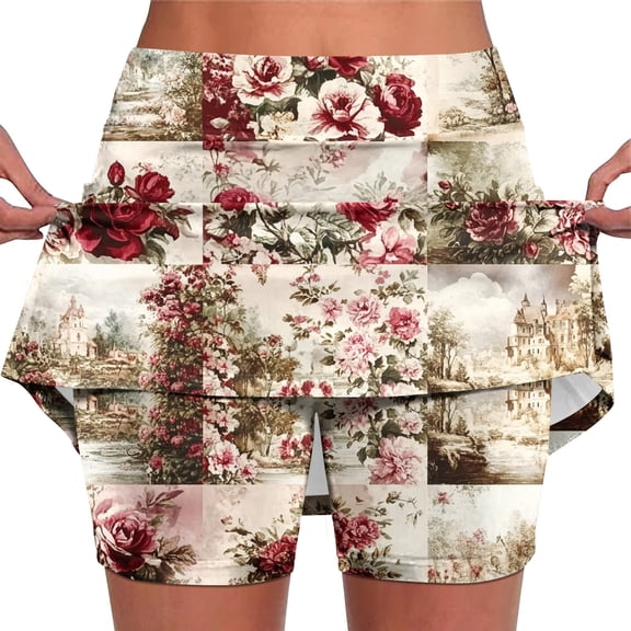 Ecqkame Sports Skorts for Woman with Shorts Plus Size Fashion Versatile Floral Print Skirt Shorts Casual Stretchy Athletic Short Skirts with Pockets Pink-B M