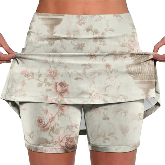 Ecqkame Sports Skorts for Woman with Shorts Plus Size Fashion Versatile Floral Print Skirt Shorts Casual Stretchy Athletic Short Skirts with Pockets White-A M