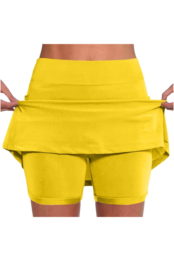 Sports Skorts for Woman with Shorts Fashion Versatile Solid Color Skirt Shorts Casual Stretchy Athletic Short Skirts with Pockets Yellow S