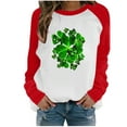 thumbnail image 1 of Ecqkame St. Patricks Day Women Tops Clearance Fashion Women's Spring Patchwork St. Patrick's Day Printed Long Sleeves Round Neck Casual Tee Tops Red A, 1 of 5