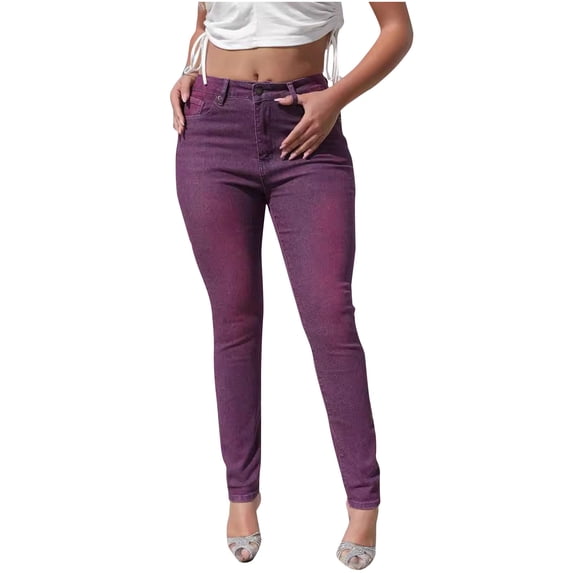 Ecqkame Stretchy Jeans for Women Trendy High Waist Pull On Slim Fit Jeggings Tummy Control Skinny Jeans Pants with Pockets Purple XL