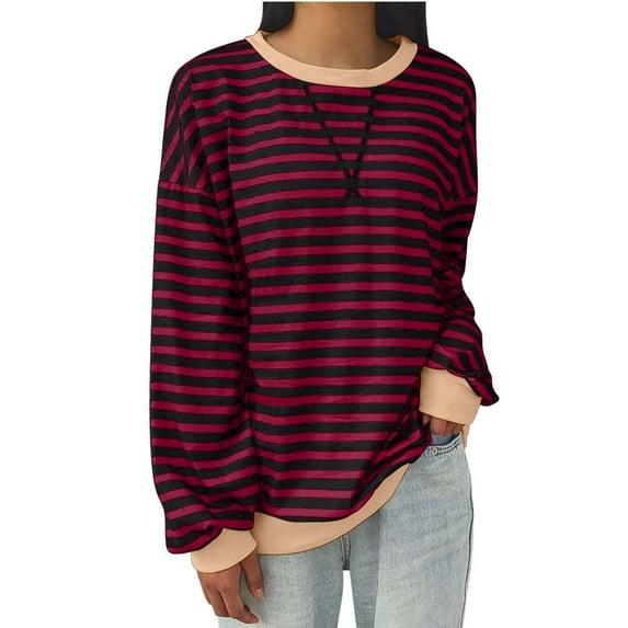 Ecqkame Striped Shirt Women Oversized Crew Neck Sweatshirt Block Color Long Sleeve Pullover Tops B-Wine XXXXL