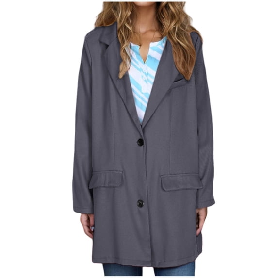 Ecqkame Suit Coat for Women Long Sleeve Solid Color Blazer Casual Elegant Business Fake Pocket Suit Overcoats Dark Gray XL