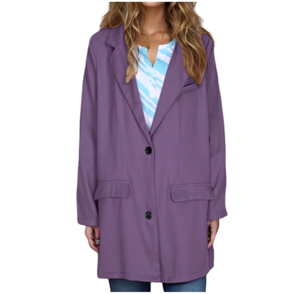 Ecqkame Suit Coat for Women Long Sleeve Solid Color Blazer Casual Elegant Business Fake Pocket Suit Overcoats Purple M