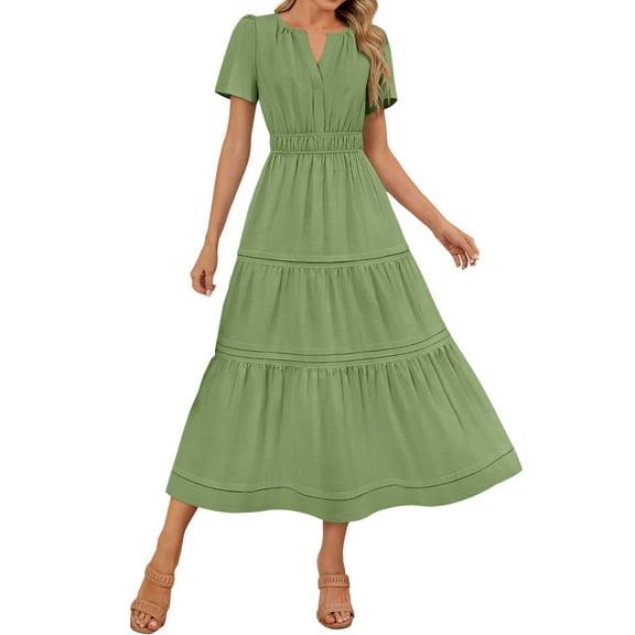 Ecqkame Summer Dress for Women A Line Empire Waist Tiered Long Dresses Sexy Flowy V Neck Short Sleeve Dress with Pockets Green XXL