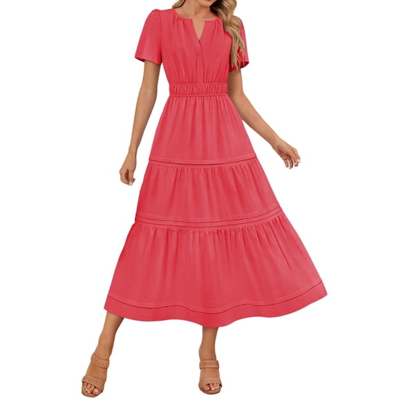 Ecqkame Summer Dress for Women A Line Empire Waist Tiered Long Dresses Sexy Flowy V Neck Short Sleeve Dress with Pockets Red XL