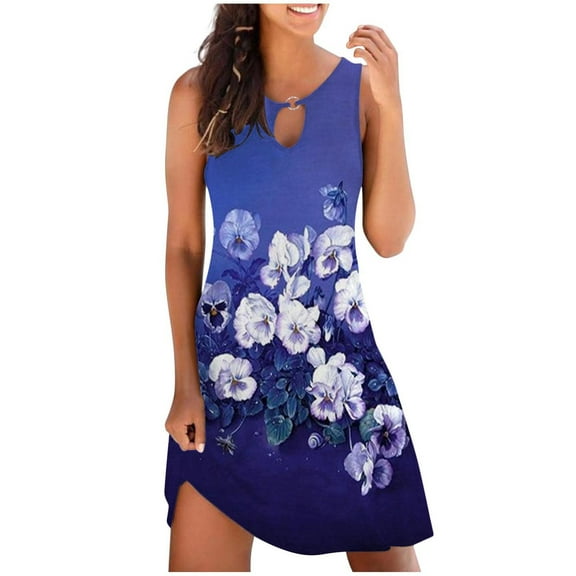 Ecqkame Summer Dresses for Women 2023 Casual Loose Summer Floral Printed Tank Dress Hollow Out Beach Sundress Sleeveless Dresses Dark Blue XXXL
