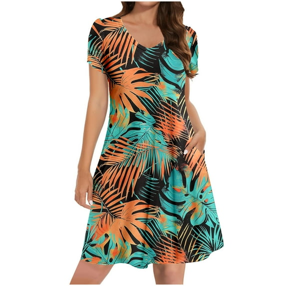 Ecqkame Summer Dresses for Women 2025 Casual Loose Flowy Midi Dress V-Neck Short Sleeve Party Dresses with Pockets 01-Orange M