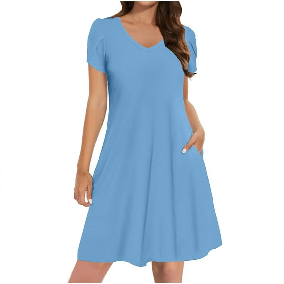 Ecqkame Summer Dresses for Women 2025 Casual Loose Flowy Midi Dress V-Neck Short Sleeve Party Dresses with Pockets 02-Light Blue L