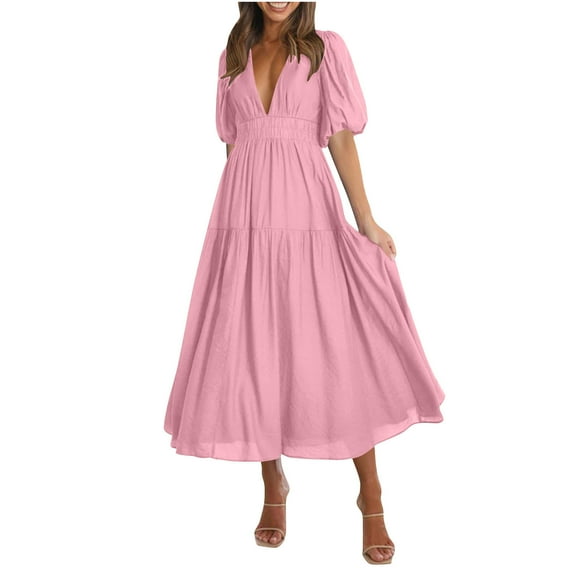 Ecqkame Summer Dresses for Women 2025 Casual V Neck Cute Puff Short Sleeve Dress Fashion Solid Color Flowy Beach Long Dress 02-Pink XL