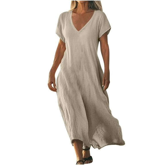 Ecqkame Summer Dresses for Women 2025 Sexy V Neck Short Sleeve Tshirt Long Dress Casual Loose Beach Dresses Khaki XXL