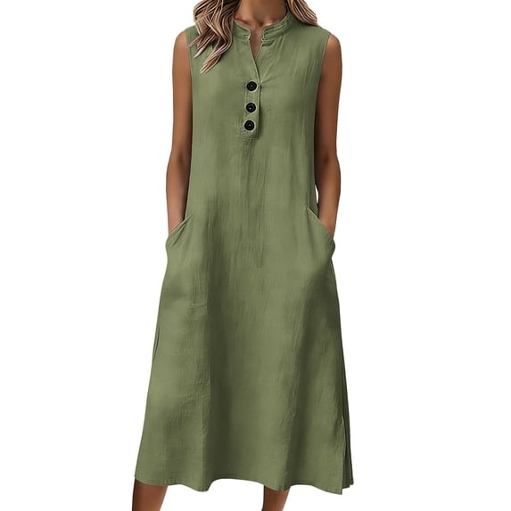 Ecqkame Summer Dresses for Women Linen Sleeveless V Neck Button Front Long Dress Summer Casual Loose Lightweight Dresses with Pockets Army Green L