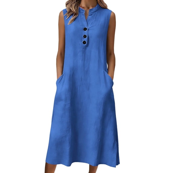 Ecqkame Summer Dresses for Women Linen Sleeveless V Neck Button Front Long Dress Summer Casual Loose Lightweight Dresses with Pockets Blue S