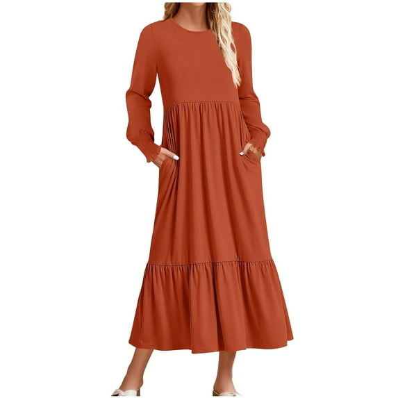Ecqkame Summer Dresses for Women Loose Casual Solid Color Long Sleeve Round-Neck Flowy Dresses for Women A-Orange XXL on Clearance