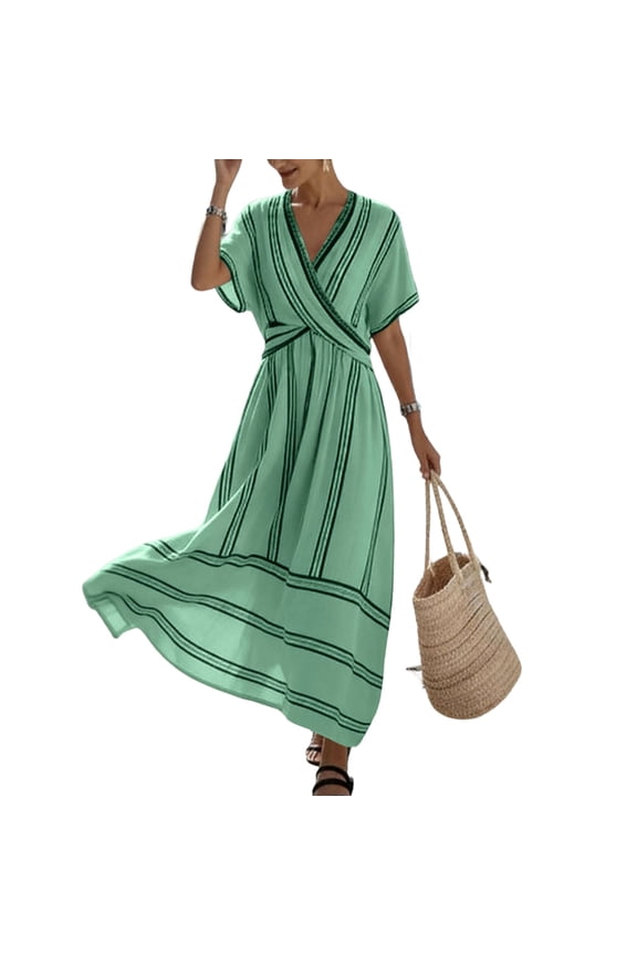 Summer Dresses for Women Striped Wrap Front Short Sleeve V-Neck Maxi Dress Lightweight Casual Flowy Boho Dresses Green S