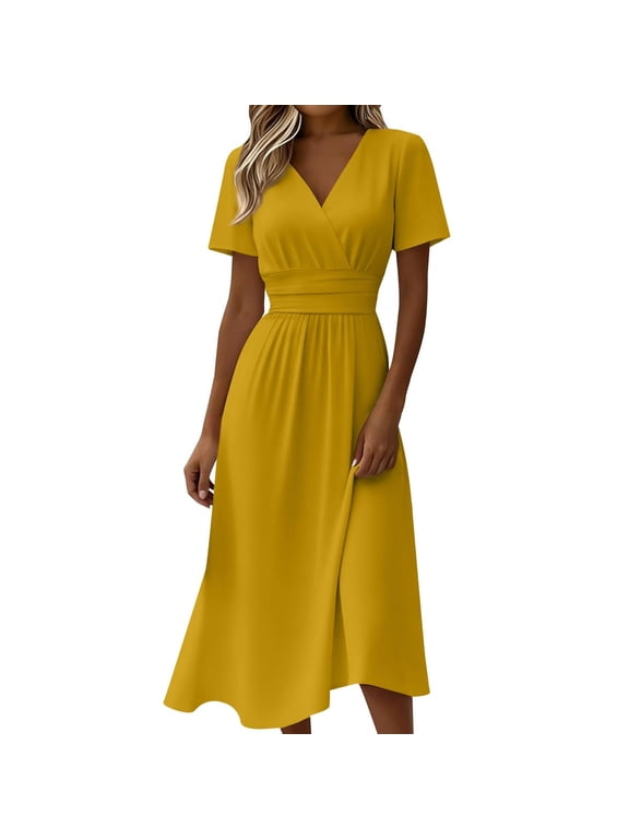 Summer Dresses for Women V Neck Short Sleeve Empire Waist Tummy Control Casual Long Dress Lightweight Flowy Vacation Dress Yellow L