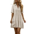 thumbnail image 1 of Ecqkame Summer Linen Dresses for Women Short Sleeve Turndown Collar Button Front Dresses Casual Loose Boho Mini Shirt Dress Beige XL, 1 of 9